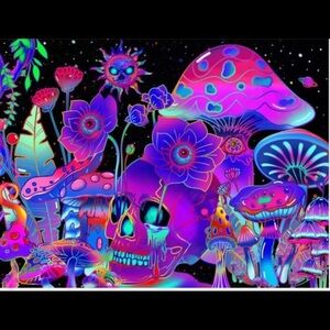 Trippy Wall Hanging Tapestry Psychedelic Room Decor Mushroom Colorful 6 1/2 FEET